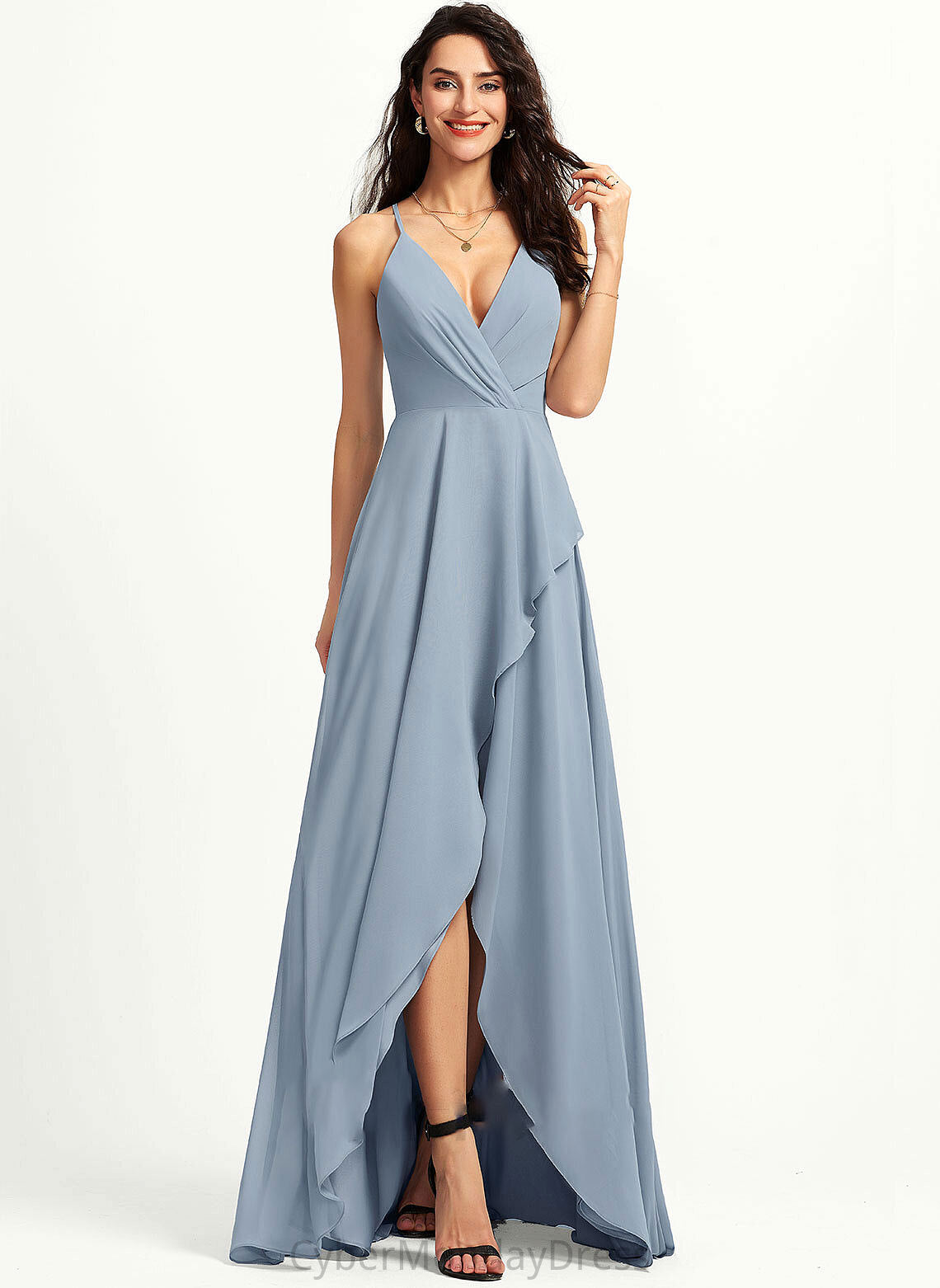 A-Line V-neck Silhouette Neckline Length Fabric Straps Asymmetrical Justine Bridesmaid Dresses