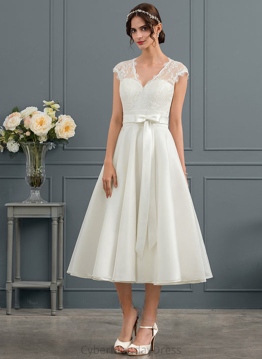 Satin V-neck Bow(s) Dress Deja With Tea-Length Wedding Lace A-Line Wedding Dresses