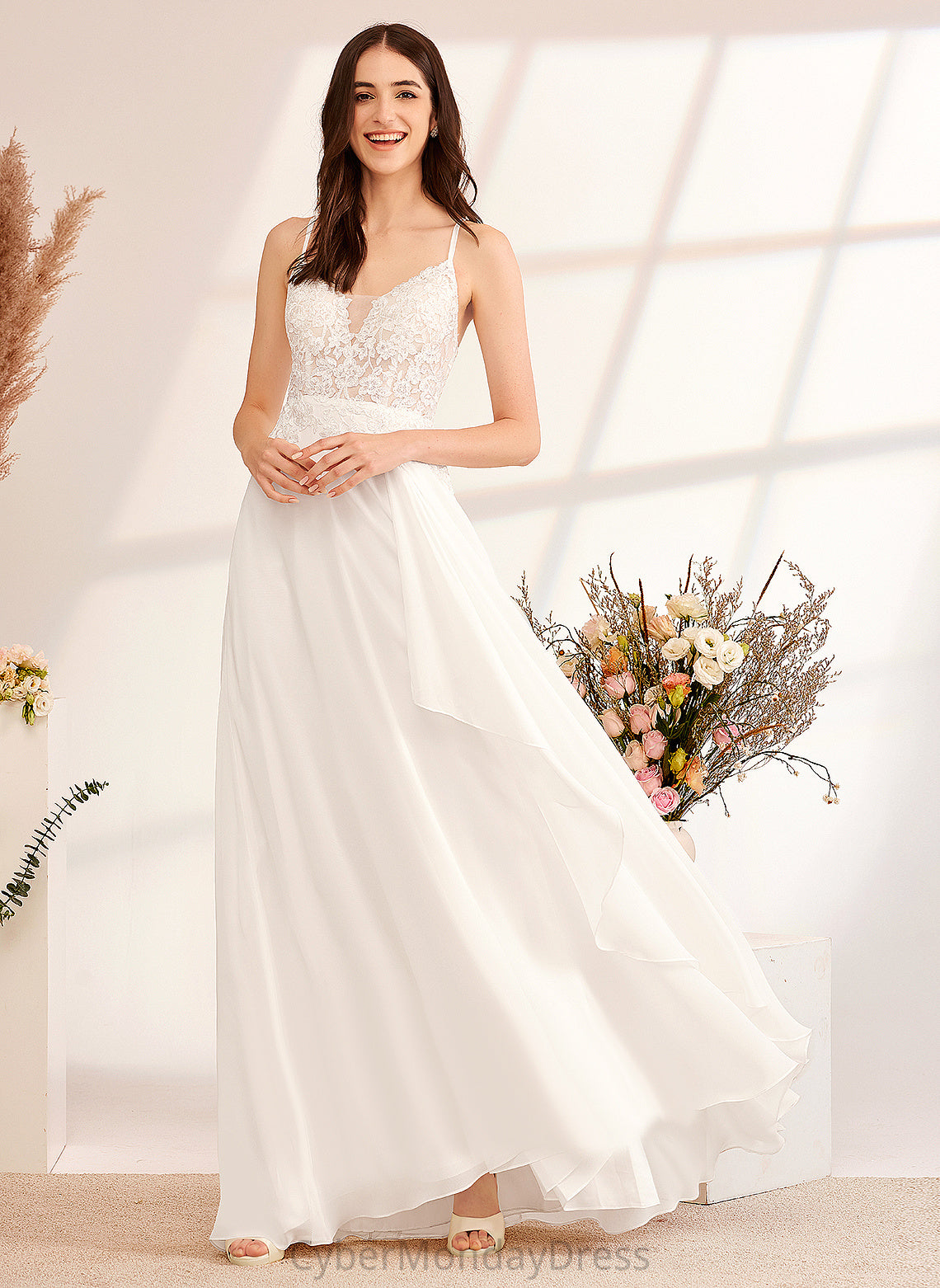 Wedding Dresses With V-neck Dress Lace Sequins Chiffon Wedding A-Line Mina Floor-Length