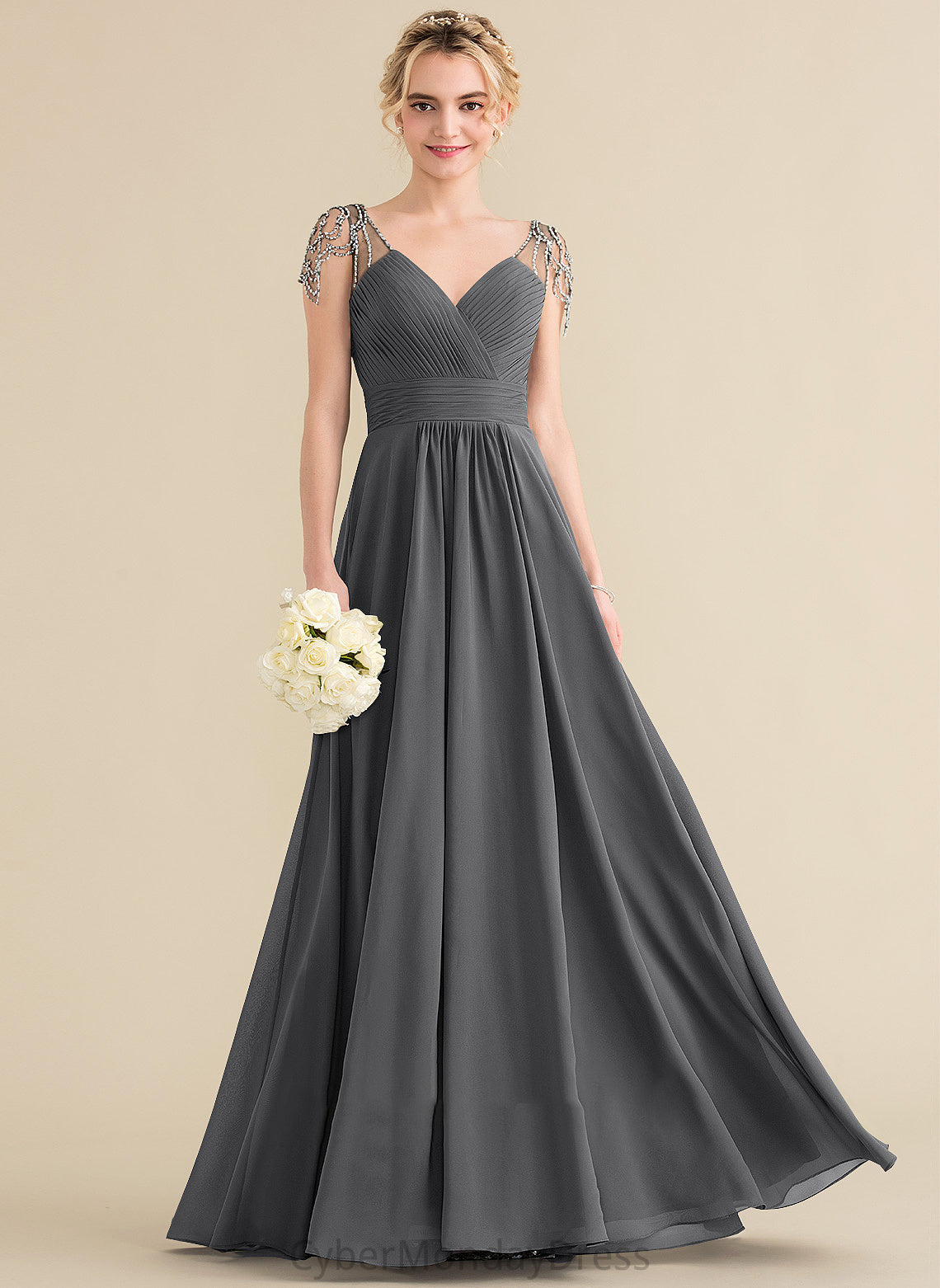 Ruffle Neckline Beading Sequins V-neck Fabric Length Floor-Length A-Line Silhouette Embellishment Aleena Bridesmaid Dresses