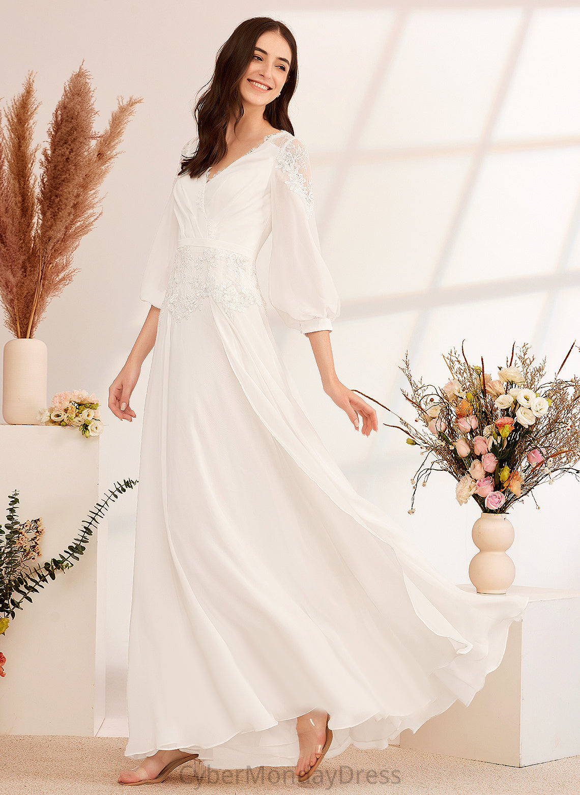 Chiffon Floor-Length Dress A-Line Wedding Dresses Ryann Wedding V-neck