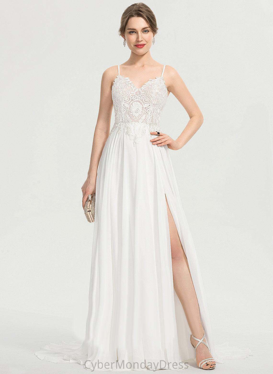 Lace Split Train Wedding Dresses V-neck Wedding Front Dress Sweep Lilia A-Line Chiffon With