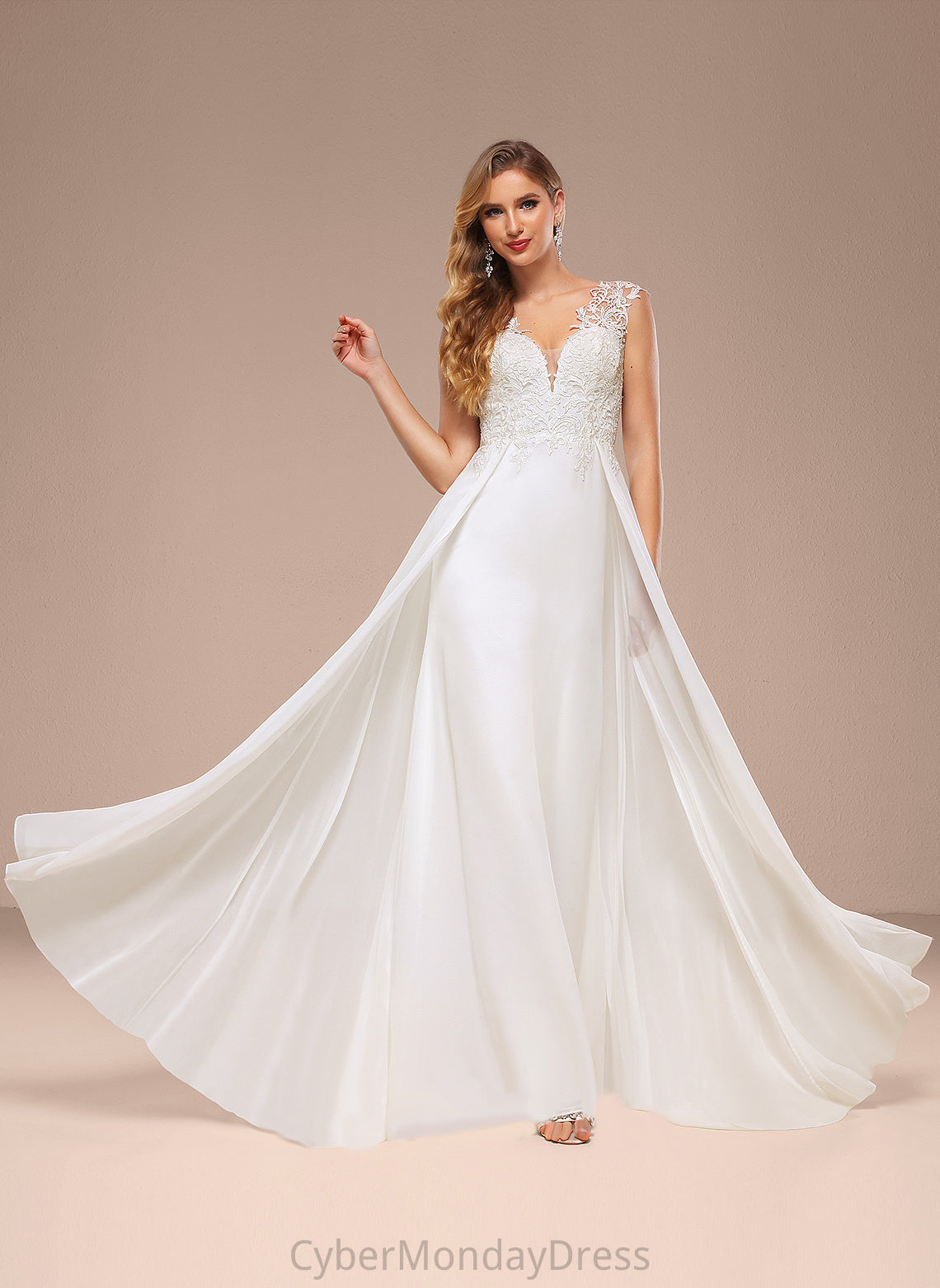 Paula Wedding Wedding Dresses A-Line Lace Chiffon Dress Train Sweep V-neck