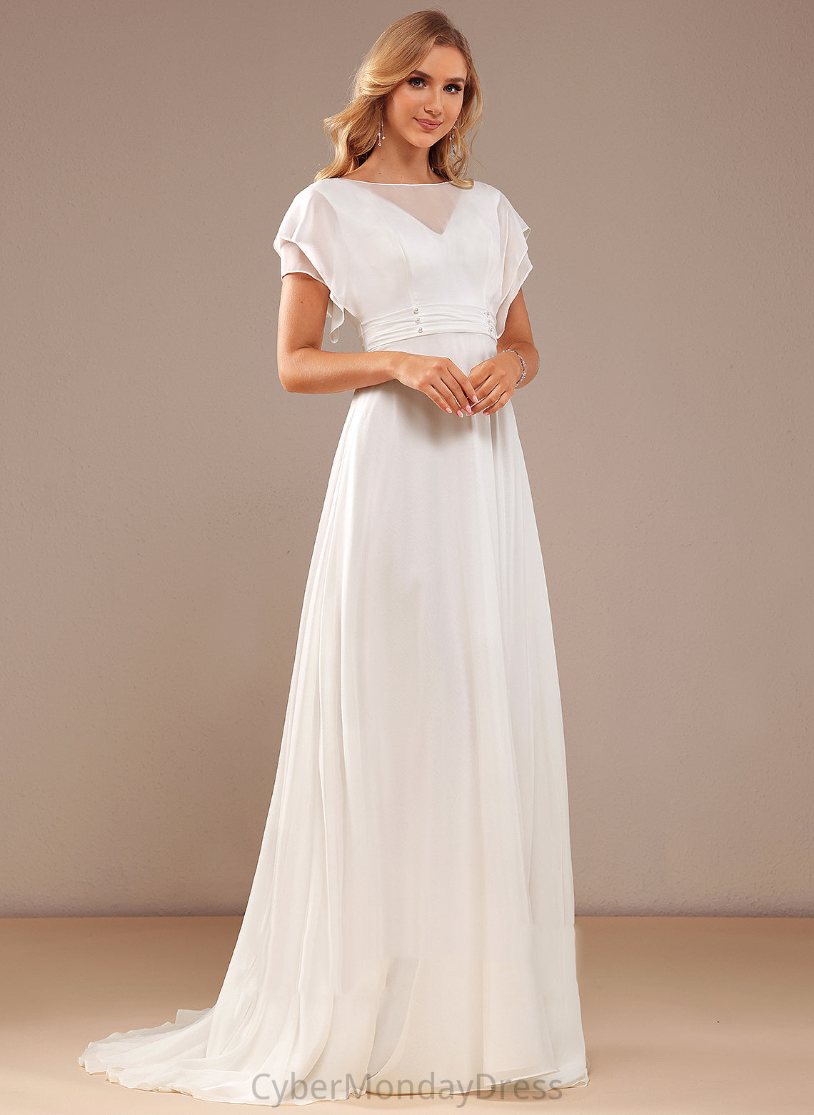 Scoop Dress Arielle Train A-Line Wedding With Beading Wedding Dresses Chiffon Neck Sweep