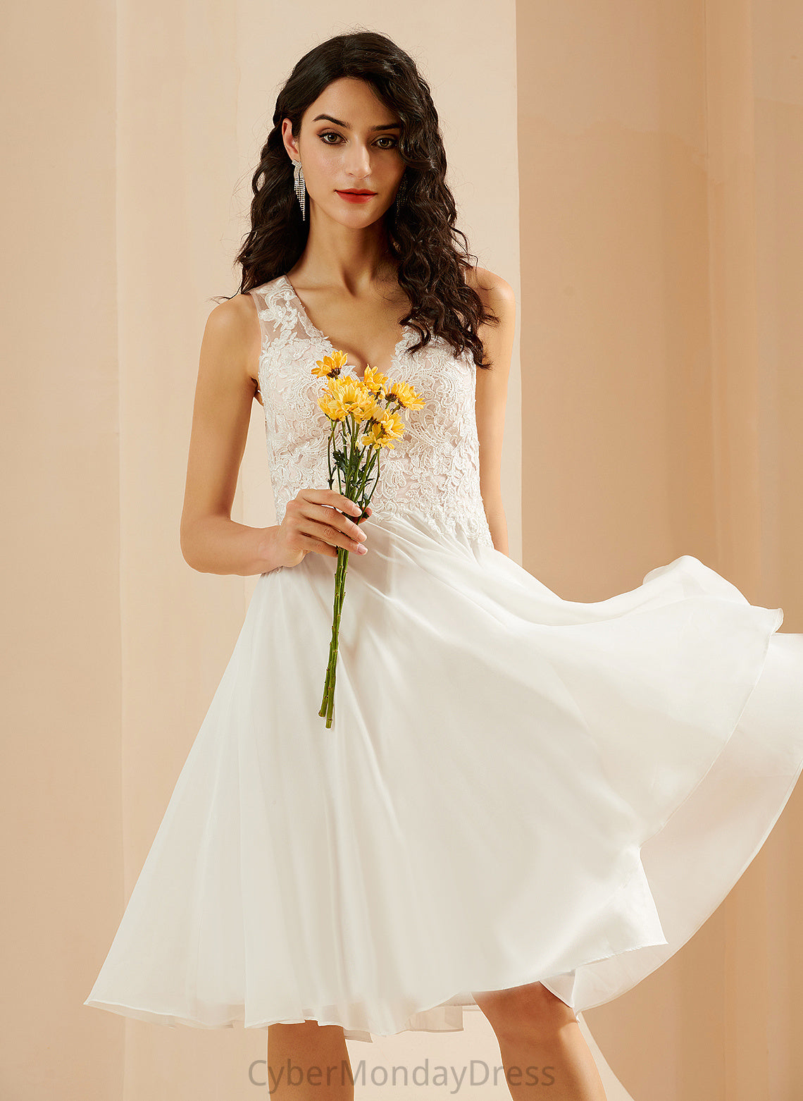 A-Line With V-neck Dress Wedding Dresses Knee-Length Chiffon Lace Ally Sequins Wedding