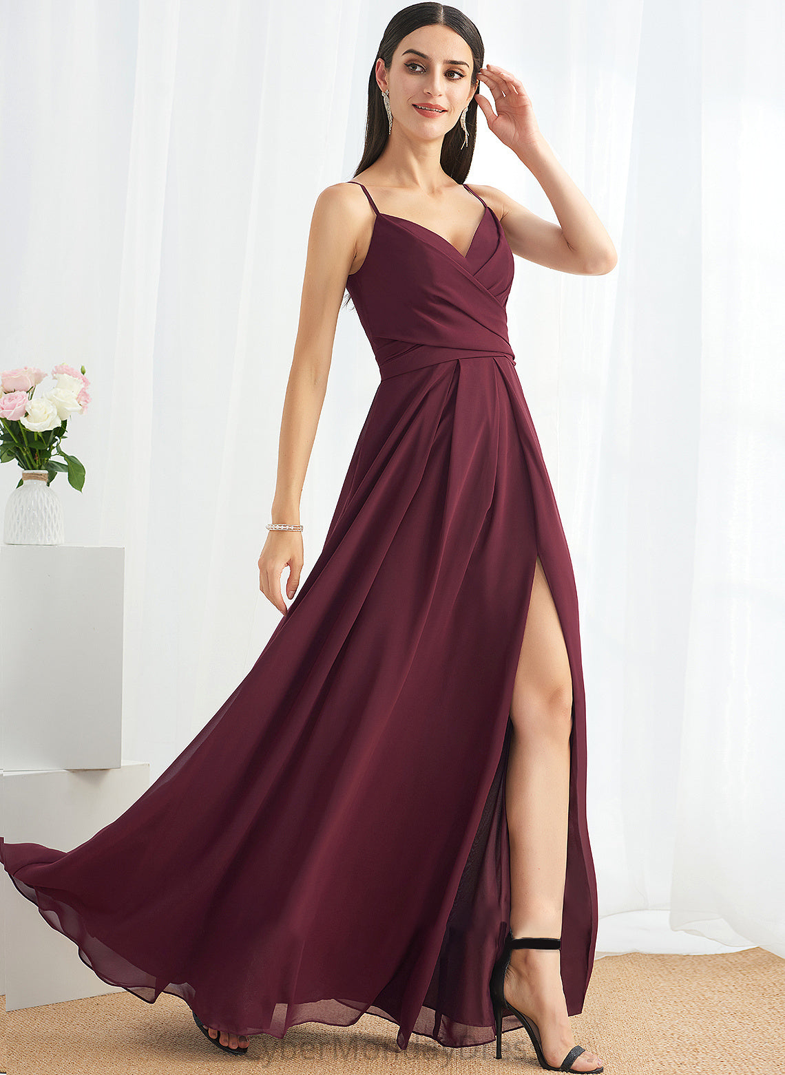 Length Neckline A-Line V-neck Floor-Length Embellishment SplitFront Silhouette Ruffle Fabric Addyson One Shoulder Bridesmaid Dresses