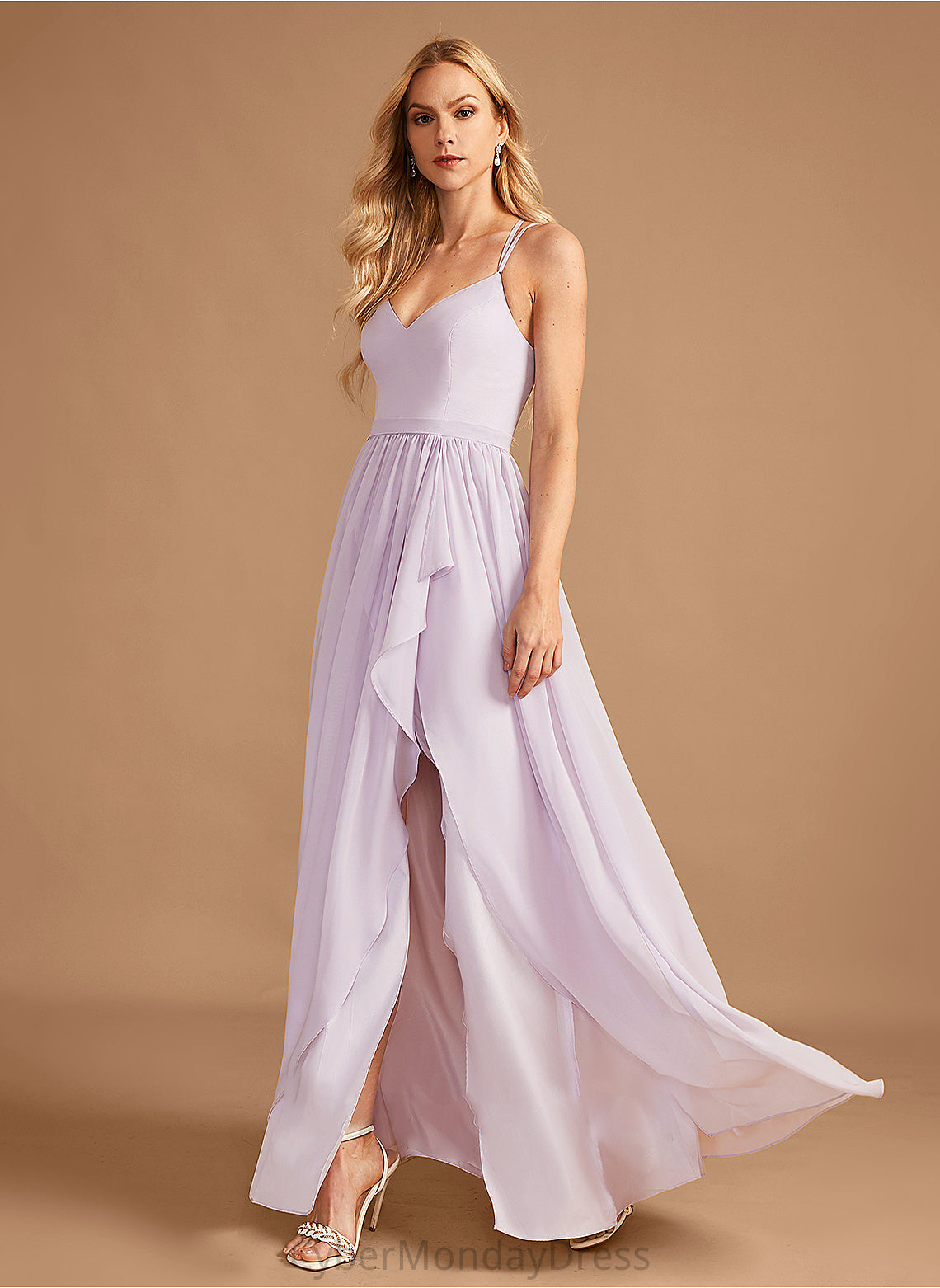 Neckline Embellishment SplitFront Length V-neck A-Line Silhouette Fabric Ruffle Asymmetrical Jada Bridesmaid Dresses