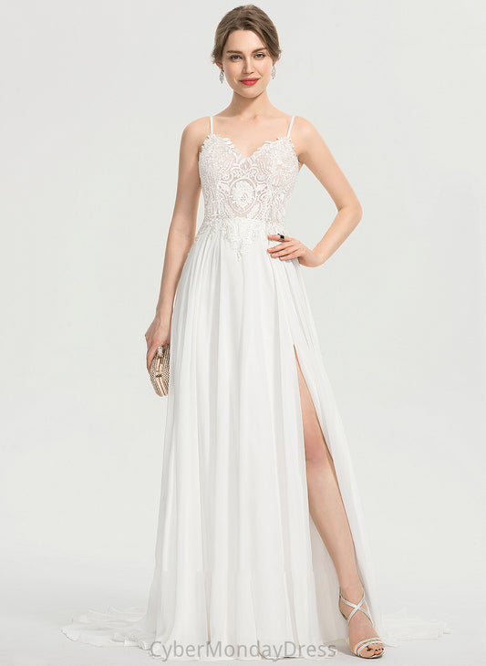 A-Line Chiffon Sweep Wedding Split V-neck With Dress Aimee Front Wedding Dresses Train