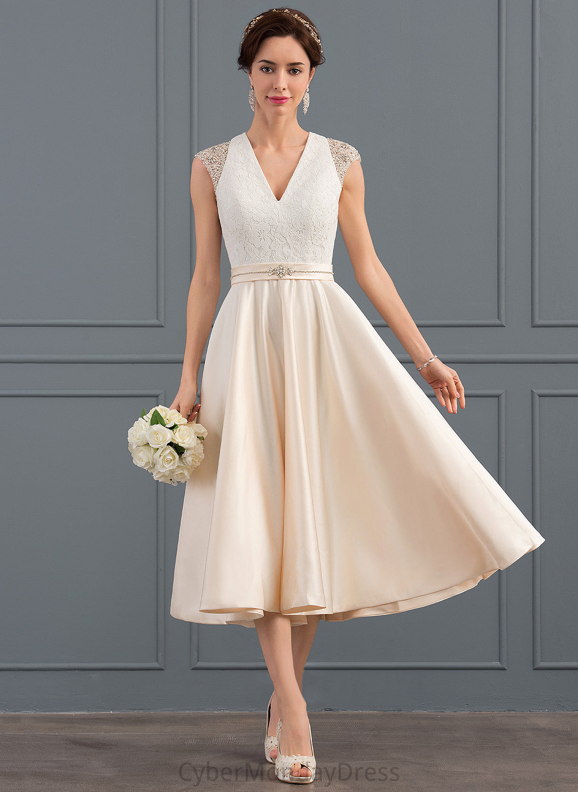 Wedding Wedding Dresses A-Line Lace Tea-Length With Satin Beading Sequins Dress Monique V-neck