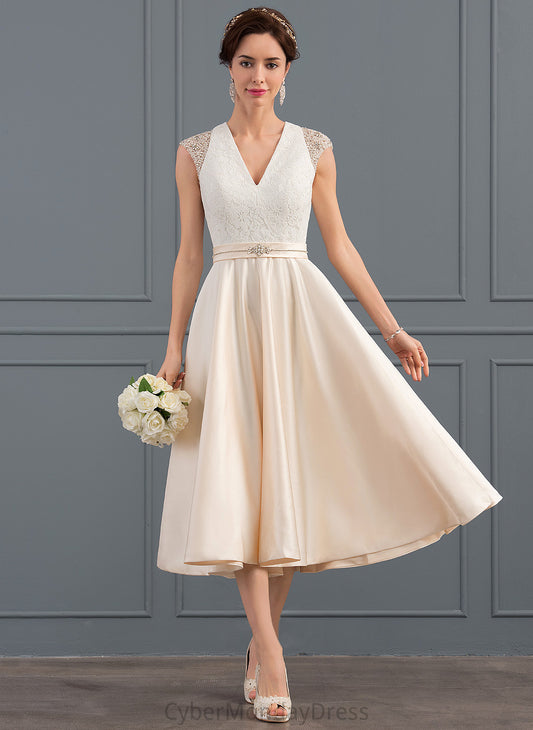 Wedding Wedding Dresses A-Line Lace Tea-Length With Satin Beading Sequins Dress Monique V-neck