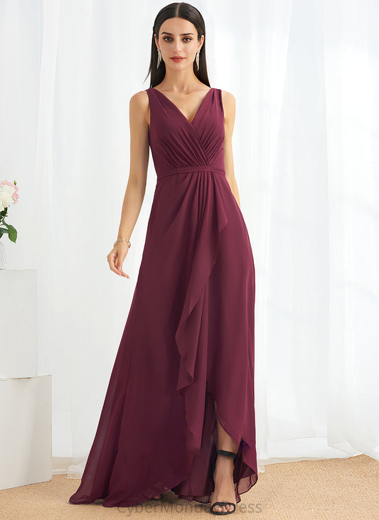 A-Line V-neck Neckline Silhouette Length SplitFront Embellishment Asymmetrical Fabric Emely Natural Waist Sleeveless Bridesmaid Dresses