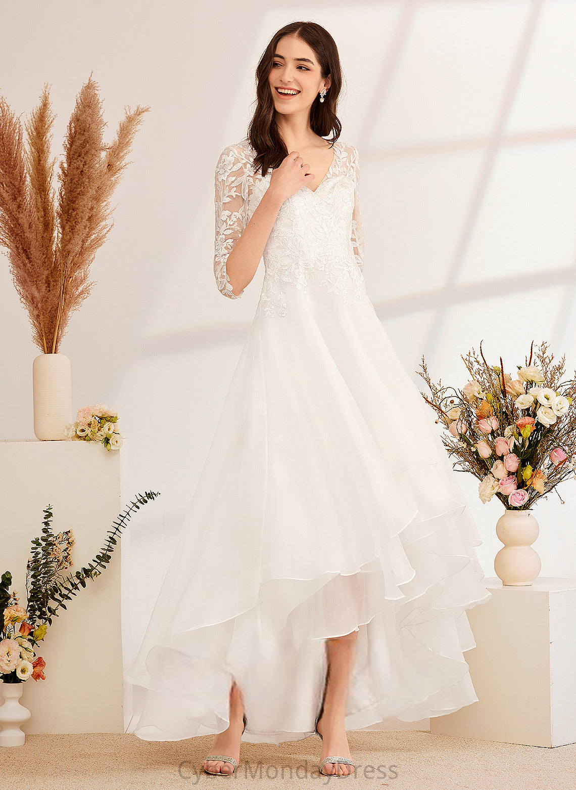 Lace V-neck Corinne Tulle Dress Beading Wedding Wedding Dresses Asymmetrical With Sequins A-Line