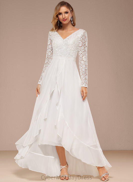 Deja Wedding Asymmetrical Lace Wedding Dresses A-Line Dress V-neck Chiffon