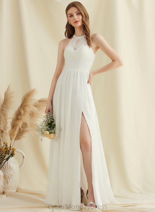 With Scoop Chiffon Front Dress Wedding Dresses Split Viola Lace Wedding Floor-Length Neck A-Line