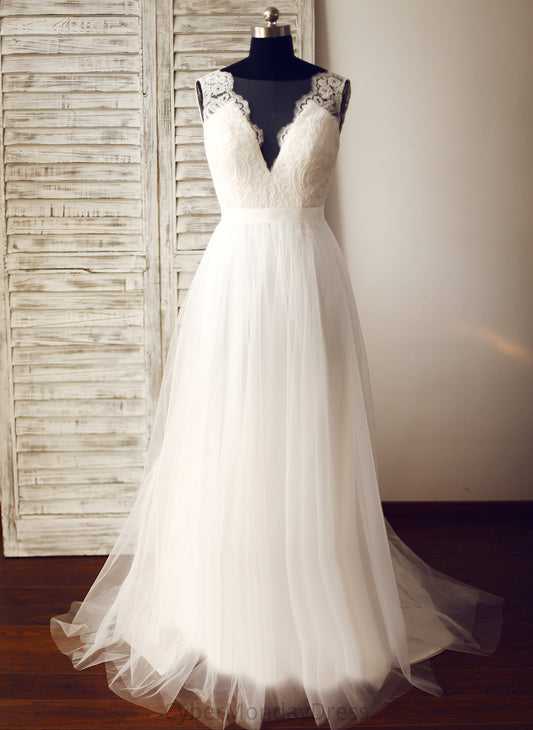 A-Line Lace Dress Wedding Haven Tulle V-neck Wedding Dresses Train Sweep