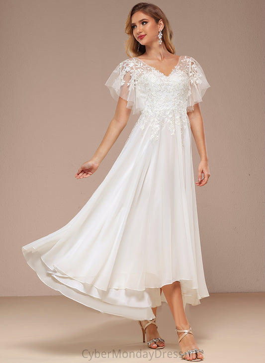 Tulle V-neck Dress With Wedding Dresses Asymmetrical Lace Patience A-Line Ruffle Wedding