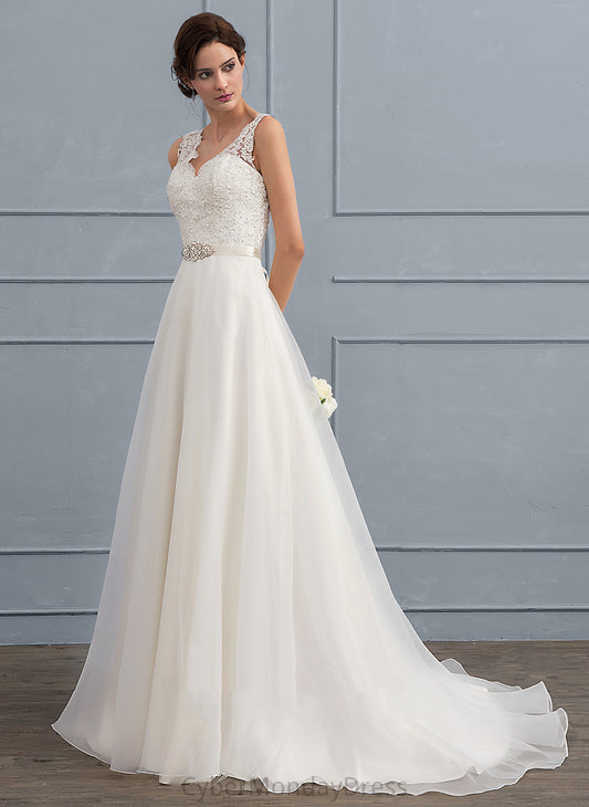 Danica Dress Beading Train Wedding Dresses Wedding Organza With V-neck Lace Sweep Bow(s) A-Line