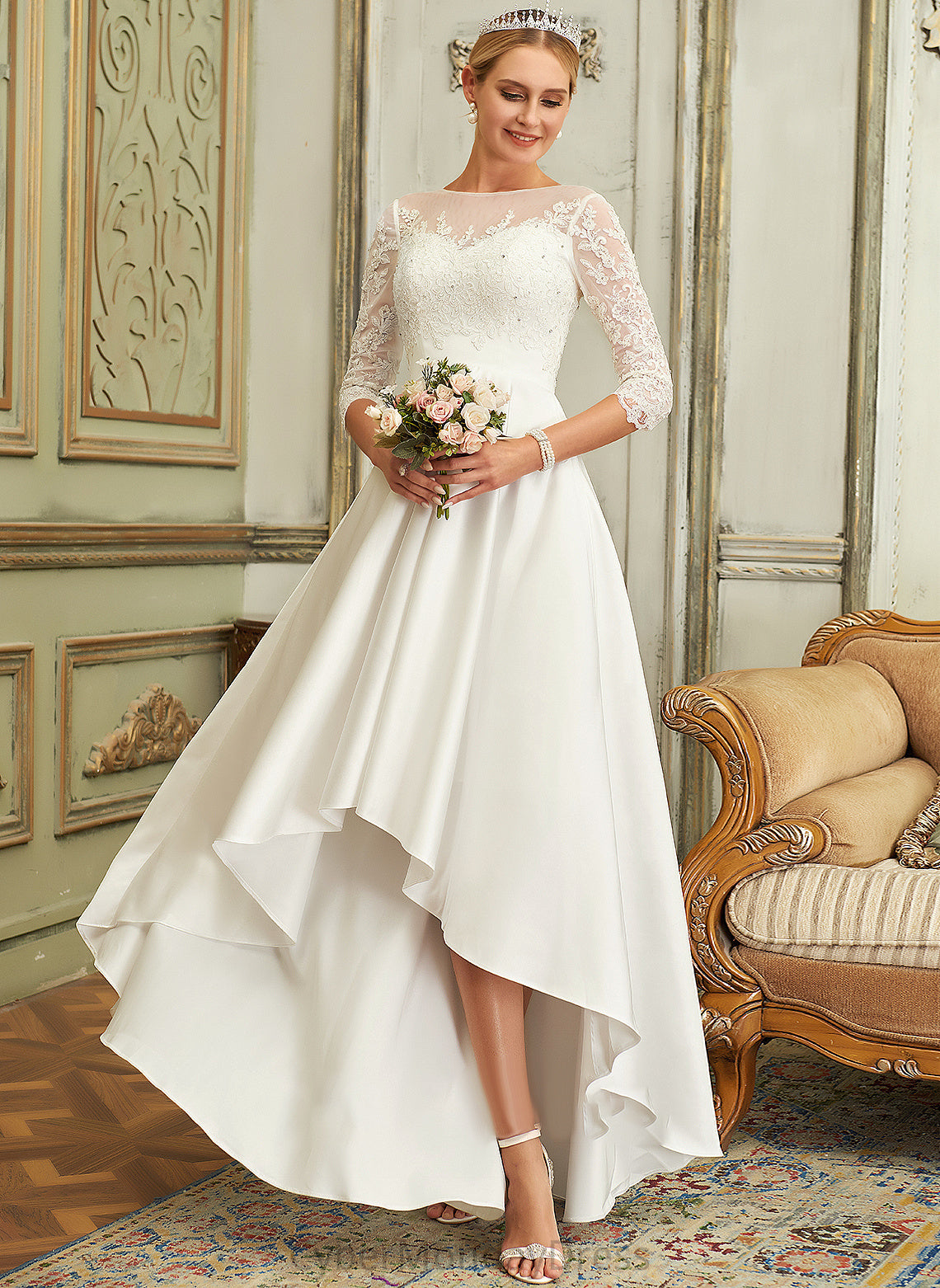 Lace Asymmetrical Neck Wedding Dresses Zoey Scoop Wedding A-Line Satin Dress