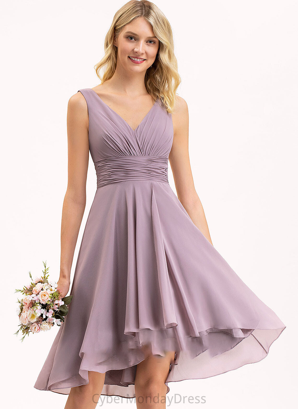 Length Asymmetrical V-neck Neckline Fabric Ruffle Silhouette Embellishment A-Line Patsy Floor Length A-Line/Princess Bridesmaid Dresses