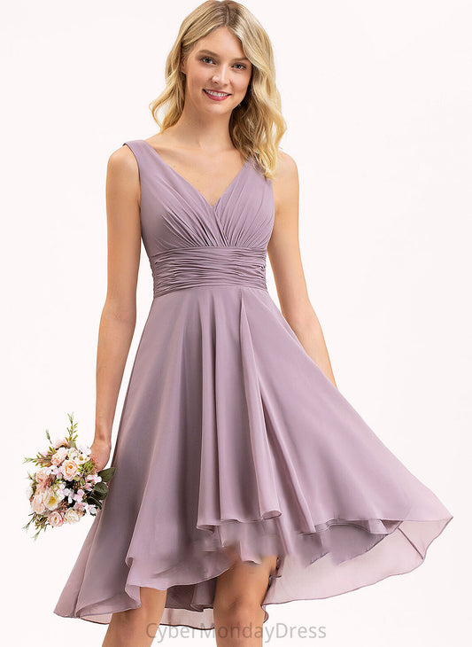 Length Asymmetrical V-neck Neckline Fabric Ruffle Silhouette Embellishment A-Line Patsy Floor Length A-Line/Princess Bridesmaid Dresses