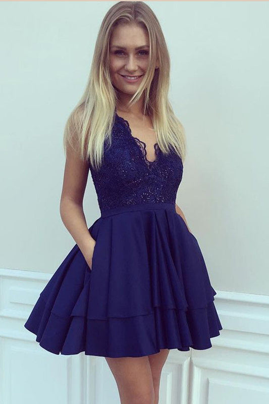 Navy Blue Deep V Neck Sleeveless Appliques Ruffles Short Homecoming Dresses