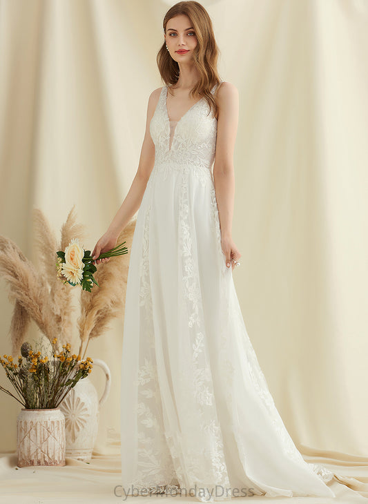 Wedding V-neck Dress A-Line Wedding Dresses Lace Aleah Train Sweep Sequins Chiffon With