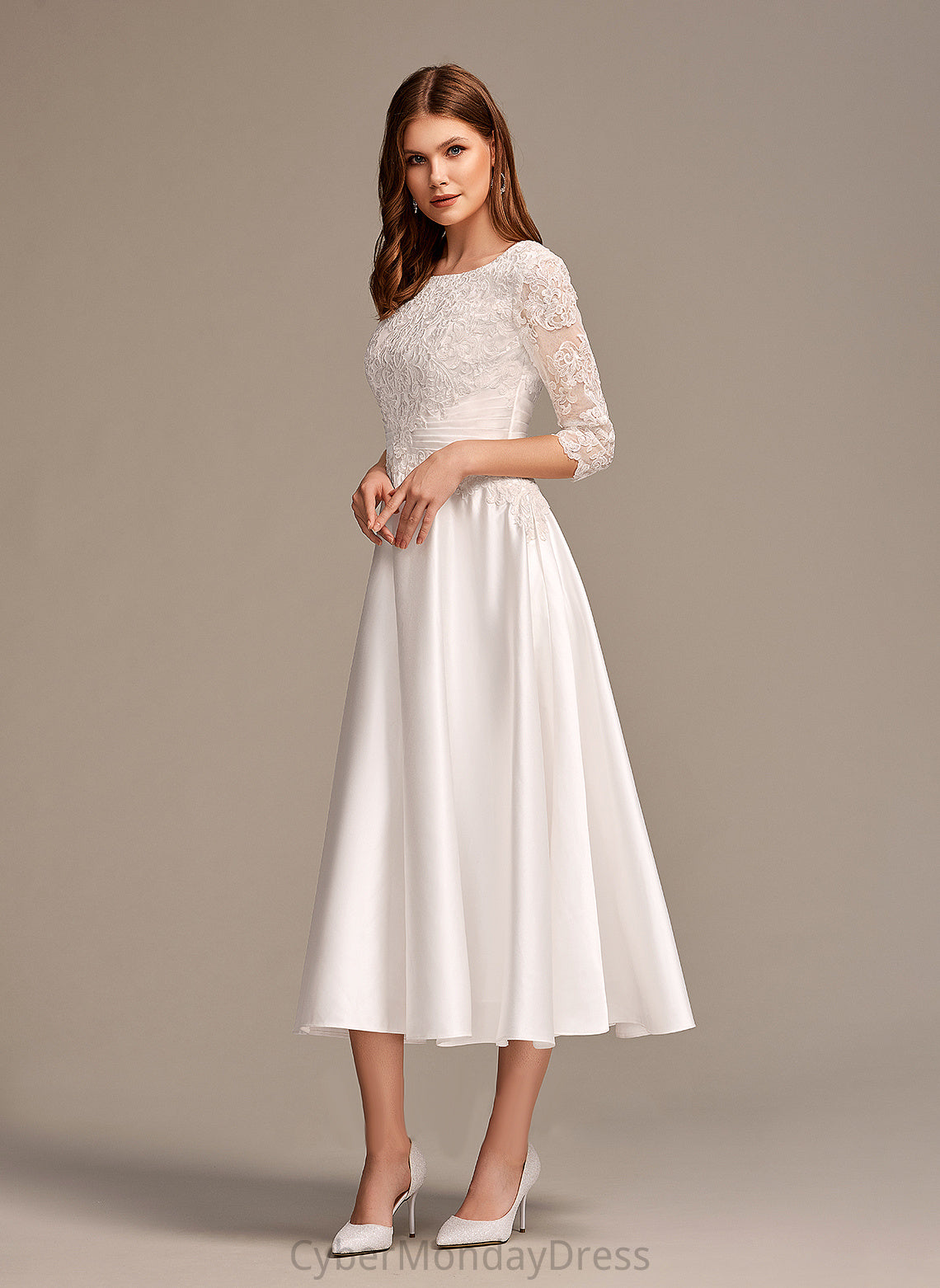 Lace Scoop A-Line Satin Neck With Pockets Wedding Dresses Tea-Length Wedding Lea Dress