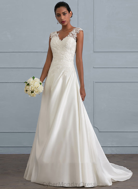 Ball-Gown/Princess Lace Wedding Wedding Dresses V-neck Ruffle Satin Sweep Dress Beading Kayleigh With Sequins Train