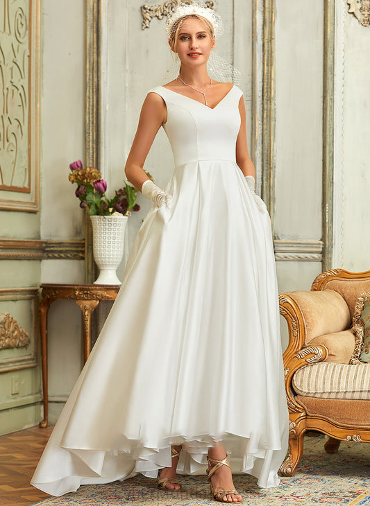 V-neck Pockets Ball-Gown/Princess Maia Asymmetrical Wedding Wedding Dresses With Dress Satin