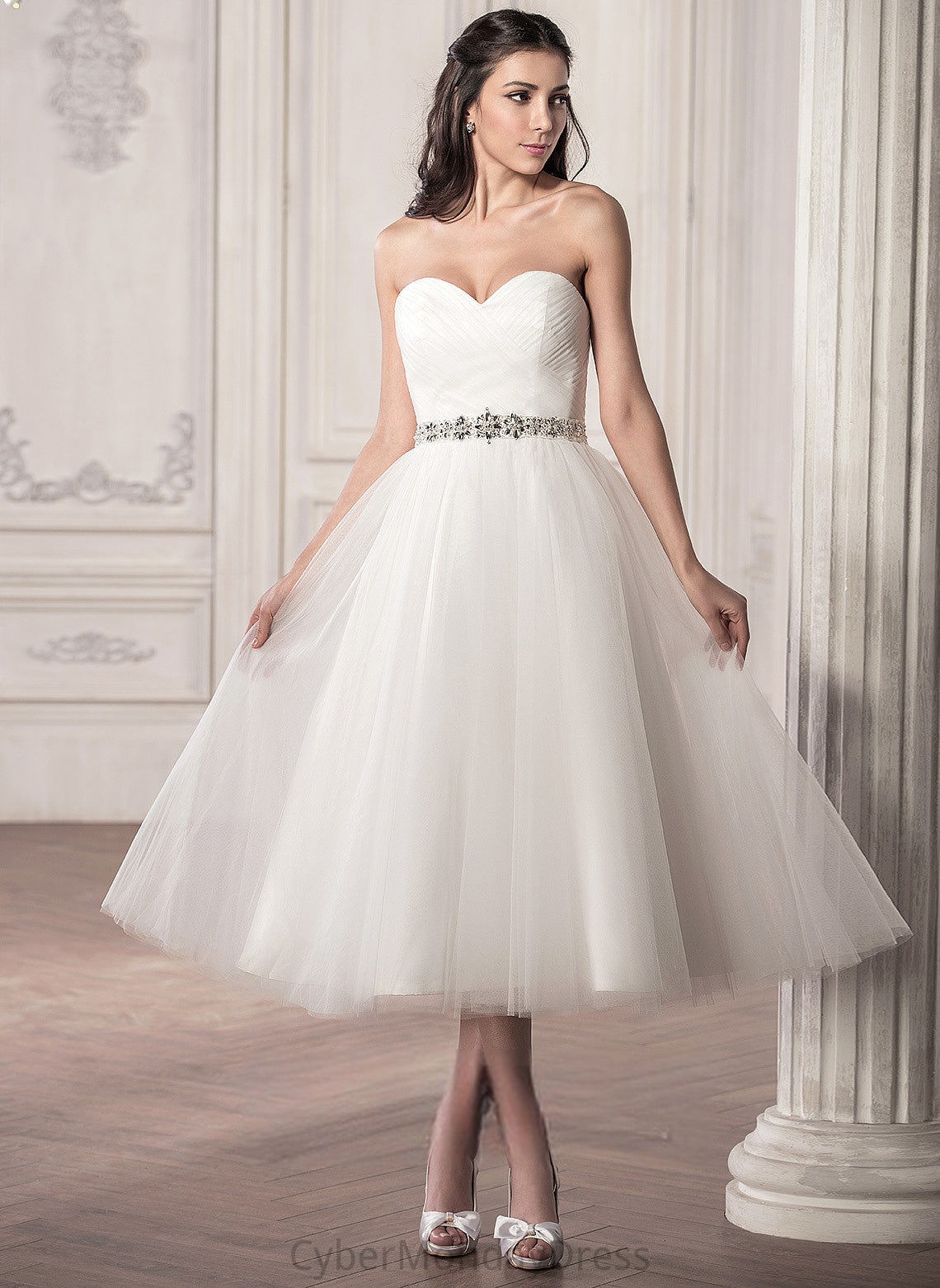 Tea-Length A-Line Beading Jaida With Tulle Sweetheart Dress Sequins Satin Ruffle Wedding Dresses Wedding