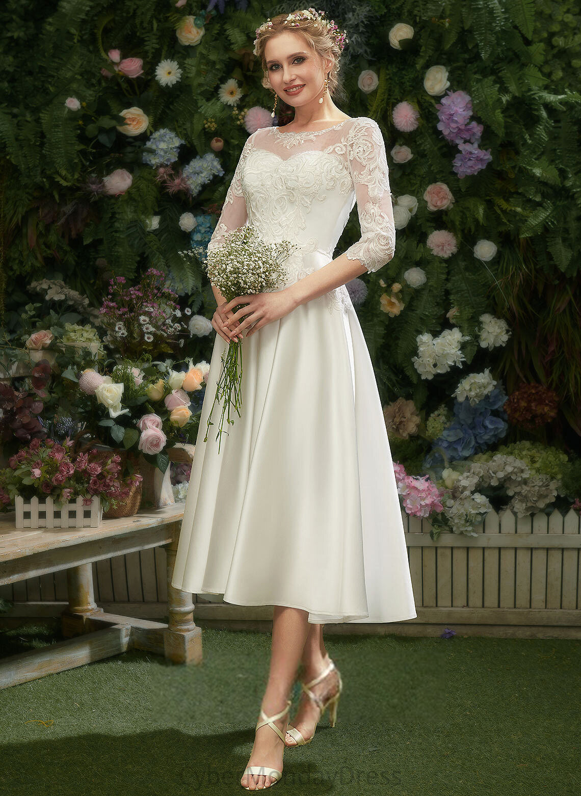 With Tea-Length Lace A-Line Jan Wedding Dresses Wedding Dress Satin Illusion