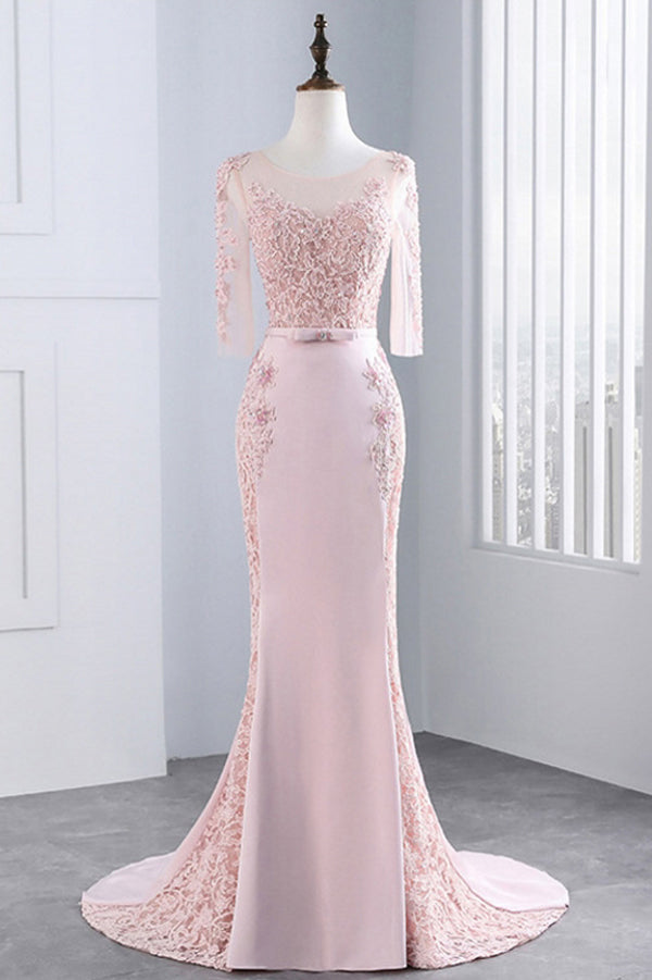 Pink Sheath Sweep Train Sheer Neck 3/4 Sleeve Sheer Back Appliques Prom Dresses