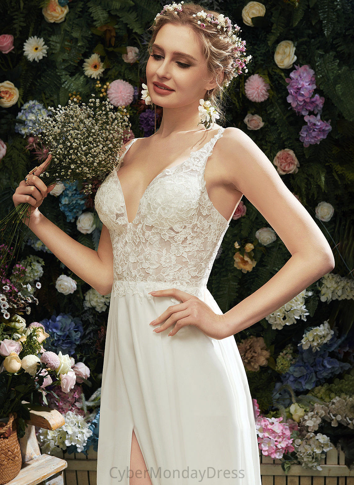 Wedding Dresses A-Line Lace Liana Chiffon Wedding Floor-Length Dress V-neck