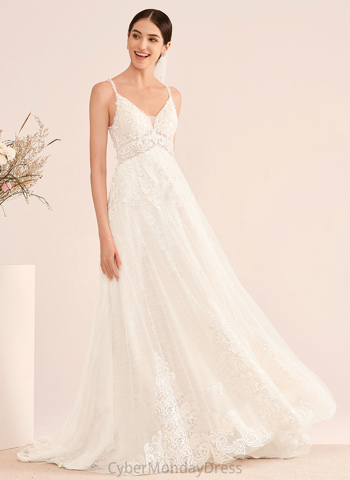 Court Train Beading Dress Wedding Dresses Kiersten A-Line With Tulle Lace V-neck Wedding