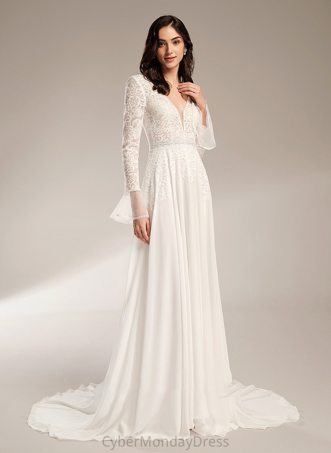 Court V-neck A-Line Wedding Wedding Dresses Train With Eliza Dress Ruffle