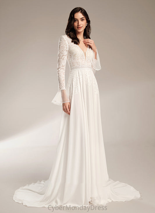 Court V-neck A-Line Wedding Wedding Dresses Train With Eliza Dress Ruffle