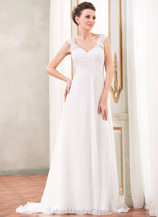 With Train Chiffon Wedding Dresses Sweep Beading Dress Wedding Selah Lace A-Line Sequins V-neck