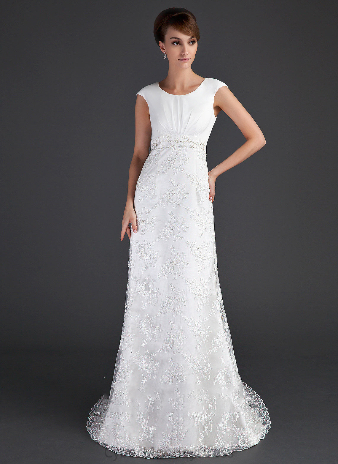 Ruffle Court Lace With Train Beading Scoop Sheath/Column Wedding Dress Wedding Dresses Neck Kendal