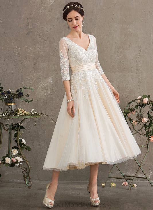 Ball-Gown/Princess Tulle Wedding Dress Kayden Tea-Length Lace Wedding Dresses V-neck