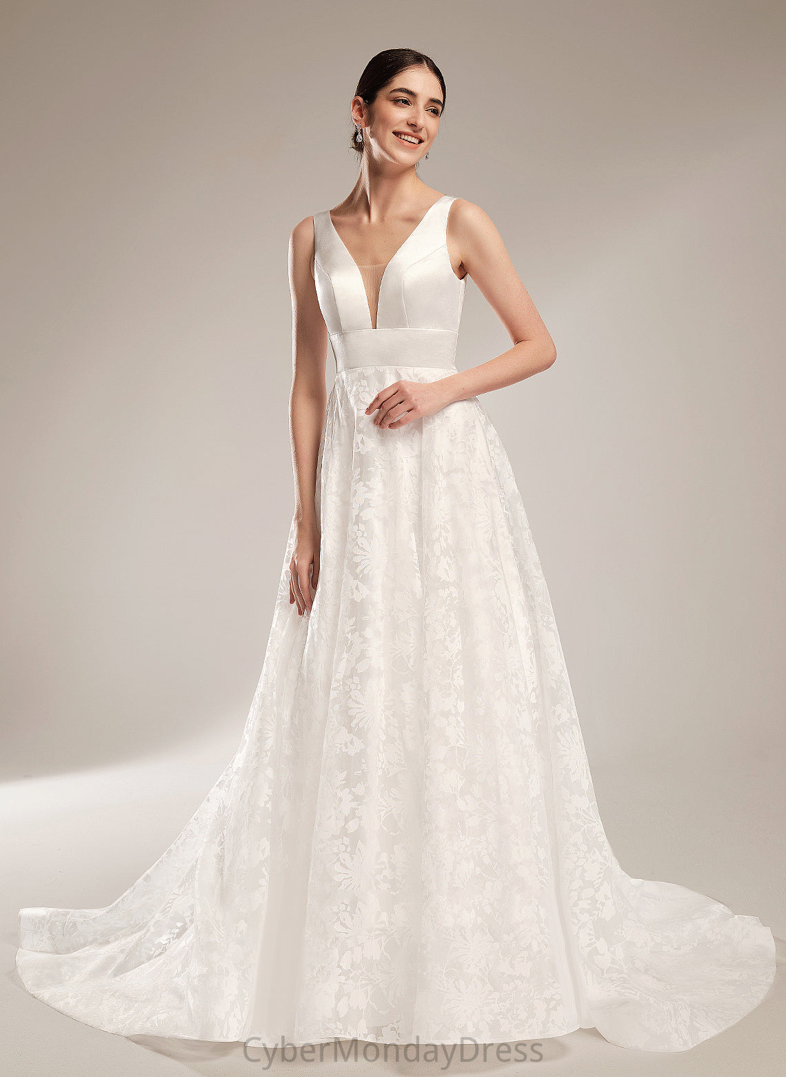 Ball-Gown/Princess Dress Marian V-neck Wedding Train Lace Chapel Wedding Dresses Satin