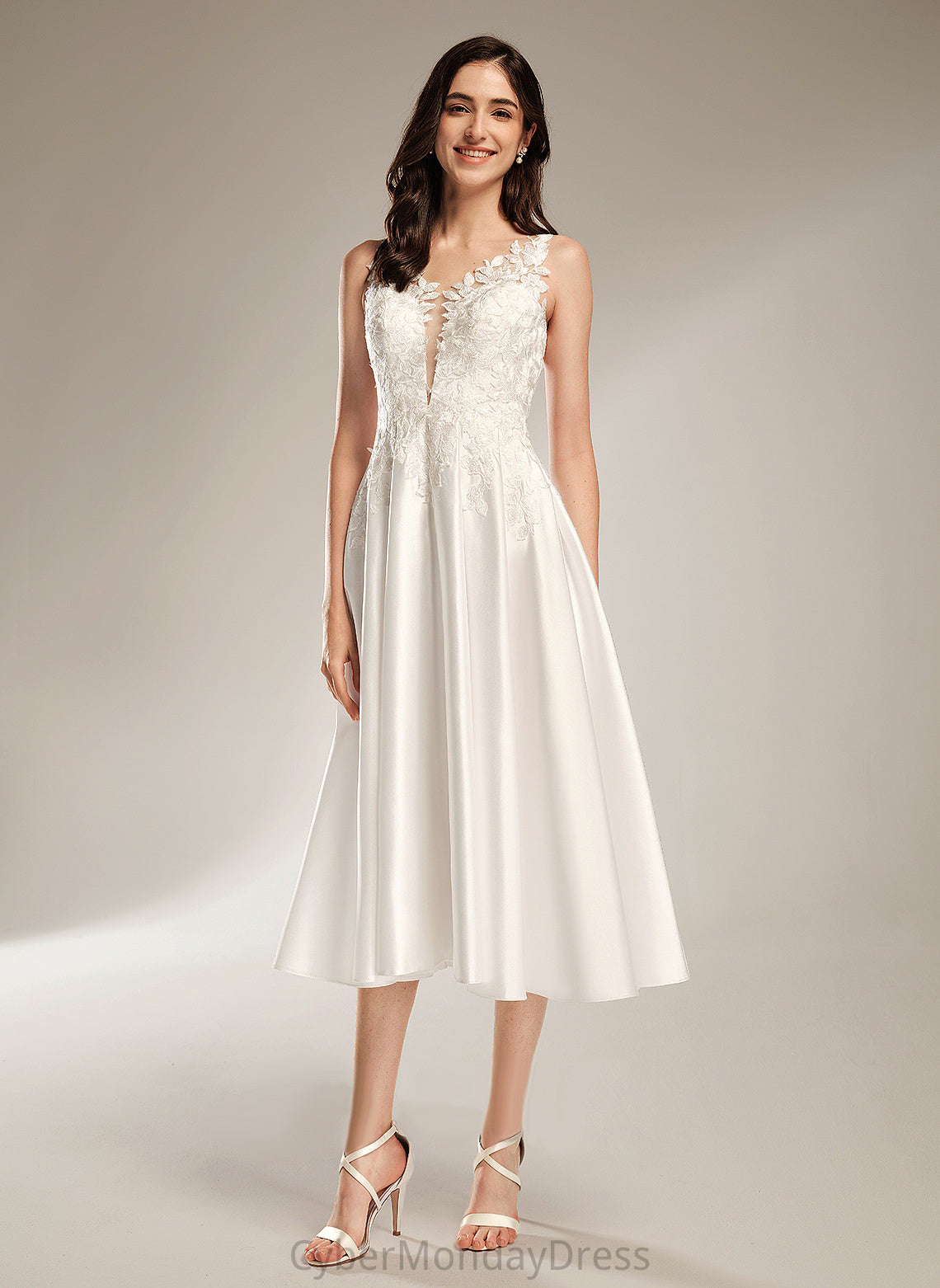 Tea-Length Wedding Dresses Wedding Dress Delaney A-Line V-neck Satin With Pockets Lace