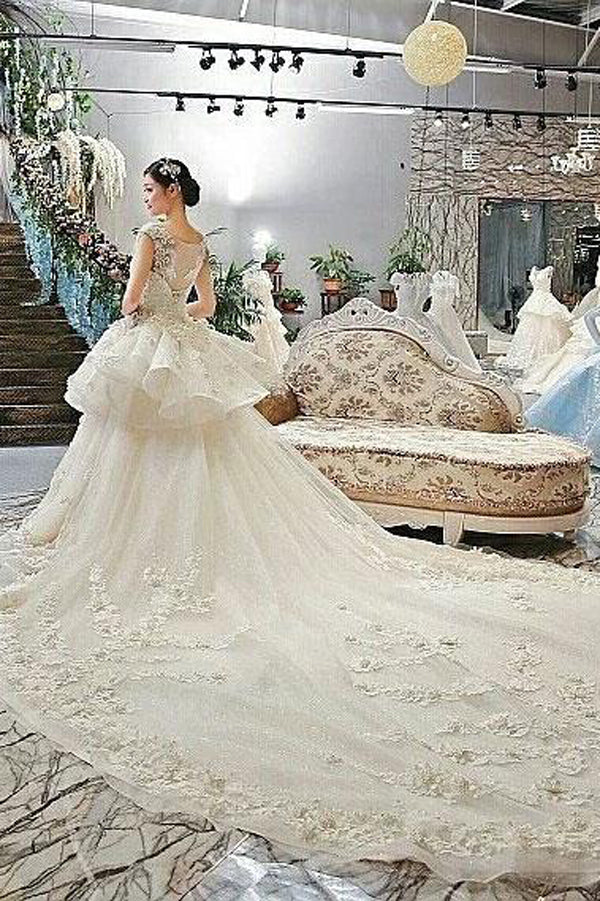 Ivory Ball Gown Chapel Train Capped Sleeve Appliques Beading Wedding Dresses