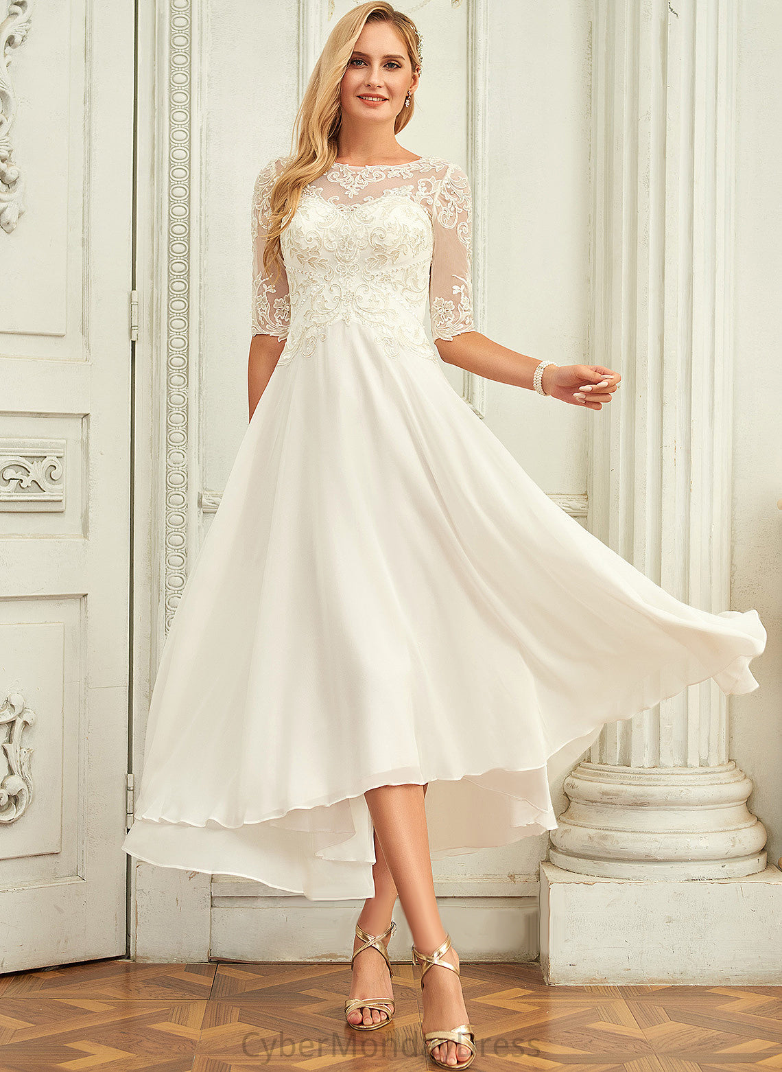 Chiffon Wedding Dresses A-Line With Sequins Viv Wedding Beading Asymmetrical Scoop Dress Lace