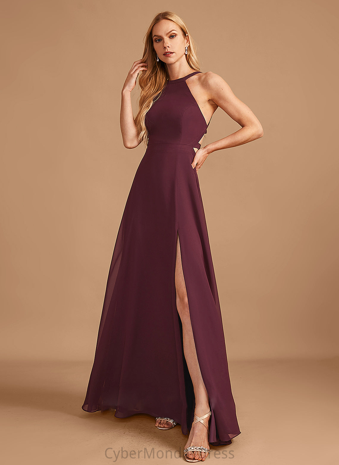 Neckline Silhouette Floor-Length SplitFront HighNeck Fabric A-Line Embellishment Length Rachael Floor Length Natural Waist Bridesmaid Dresses