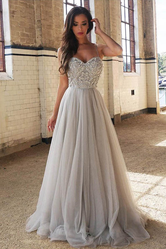 Gray A Line Floor Length Sweetheart Spaghetti Beading Prom Dresses