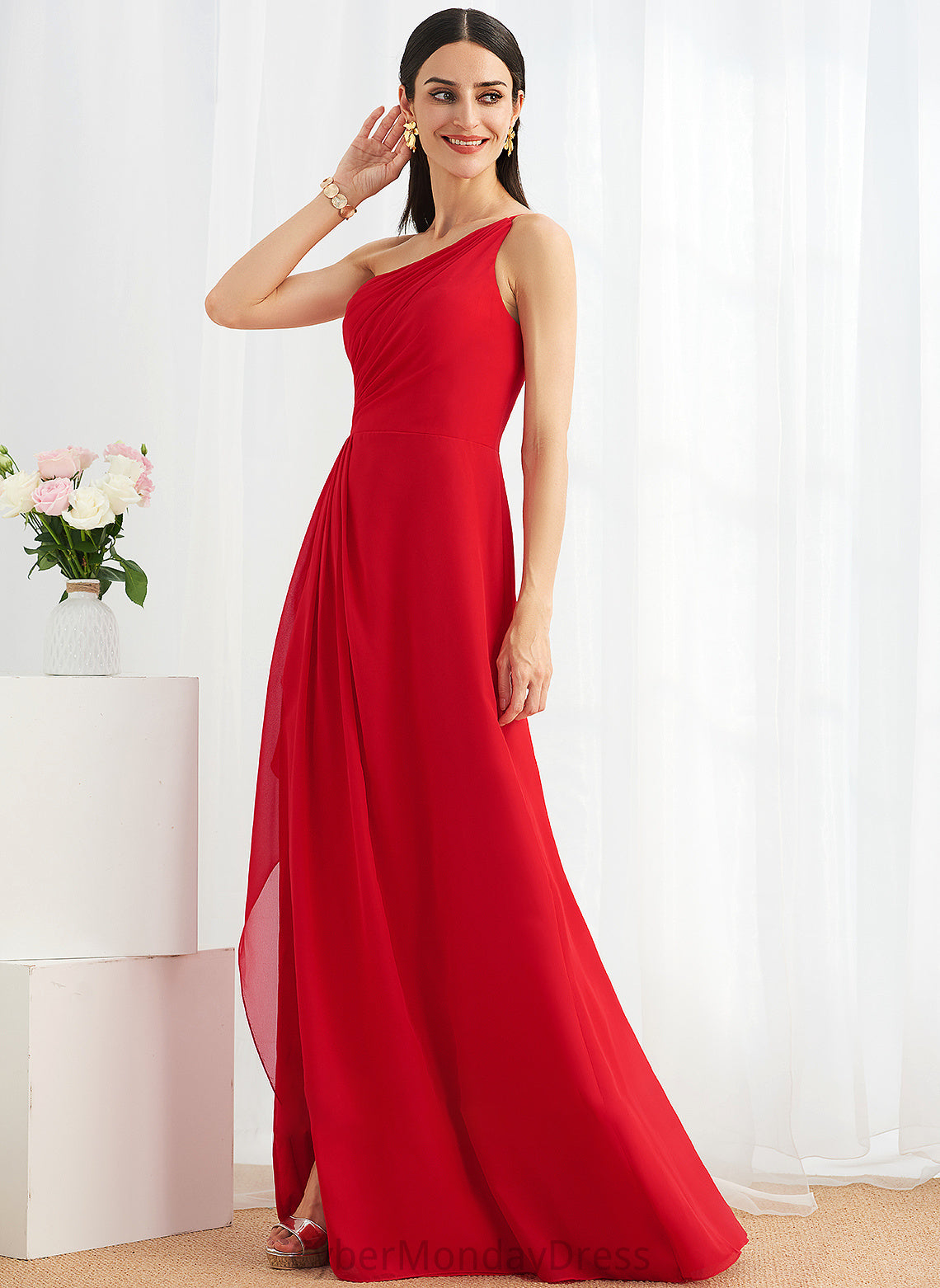 Embellishment Length Fabric Neckline One-Shoulder Silhouette SplitFront Floor-Length Ruffle A-Line Nevaeh Sleeveless Bridesmaid Dresses