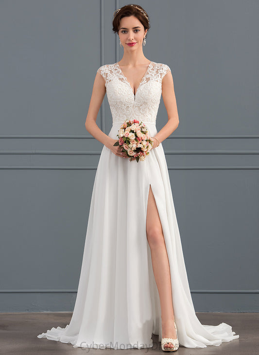 Train Front V-neck Sweep A-Line Wedding Dresses Split Dress Peggie Wedding Lace With Chiffon