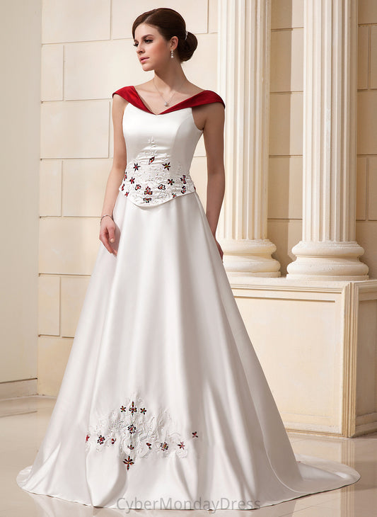 Train Dress Wedding Wedding Dresses Flower(s) Chapel Caylee Satin Beading Ball-Gown/Princess With