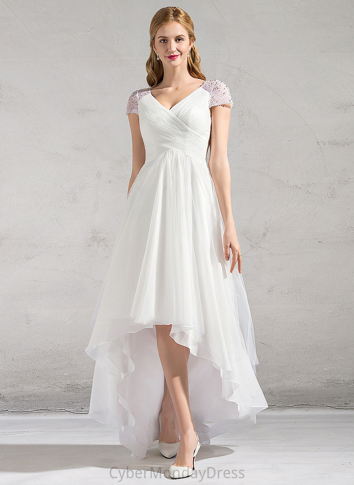 Wedding Dress Sequins Tulle V-neck Ruffle A-Line Asymmetrical Jenna Wedding Dresses With Beading