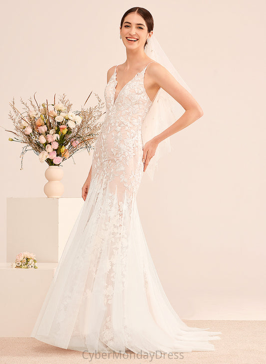 Court Trumpet/Mermaid Cheyenne Dress Lace With Lace Tulle Train Wedding V-neck Wedding Dresses